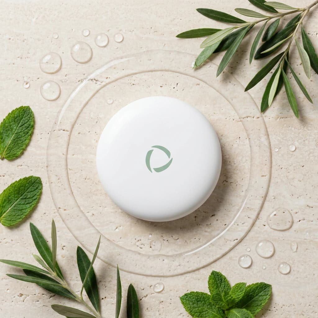 A Velare case with olive and mint on travertine